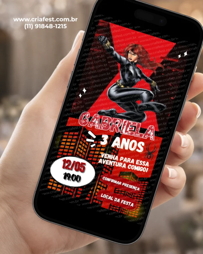 Convite interativo Viúva Negra para aniversário, com a personagem em destaque e design inspirado no universo dos super-heróis.