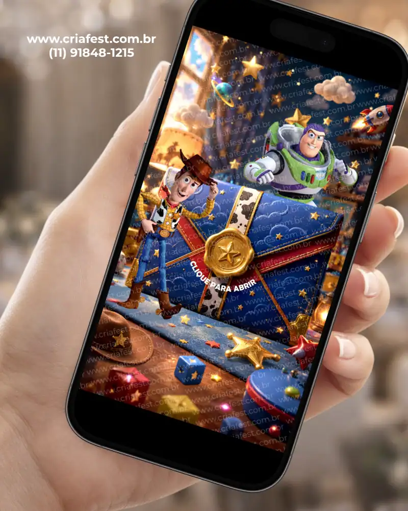 Convite Virtual Toy Story com envelope digital, apresentando Woody e Buzz Lightyear em um cenário espacial e divertido inspirado no universo dos brinquedos.