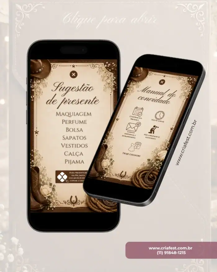 Convite country de 15 anos digital com sugestão de presentes e manual dos convidados.